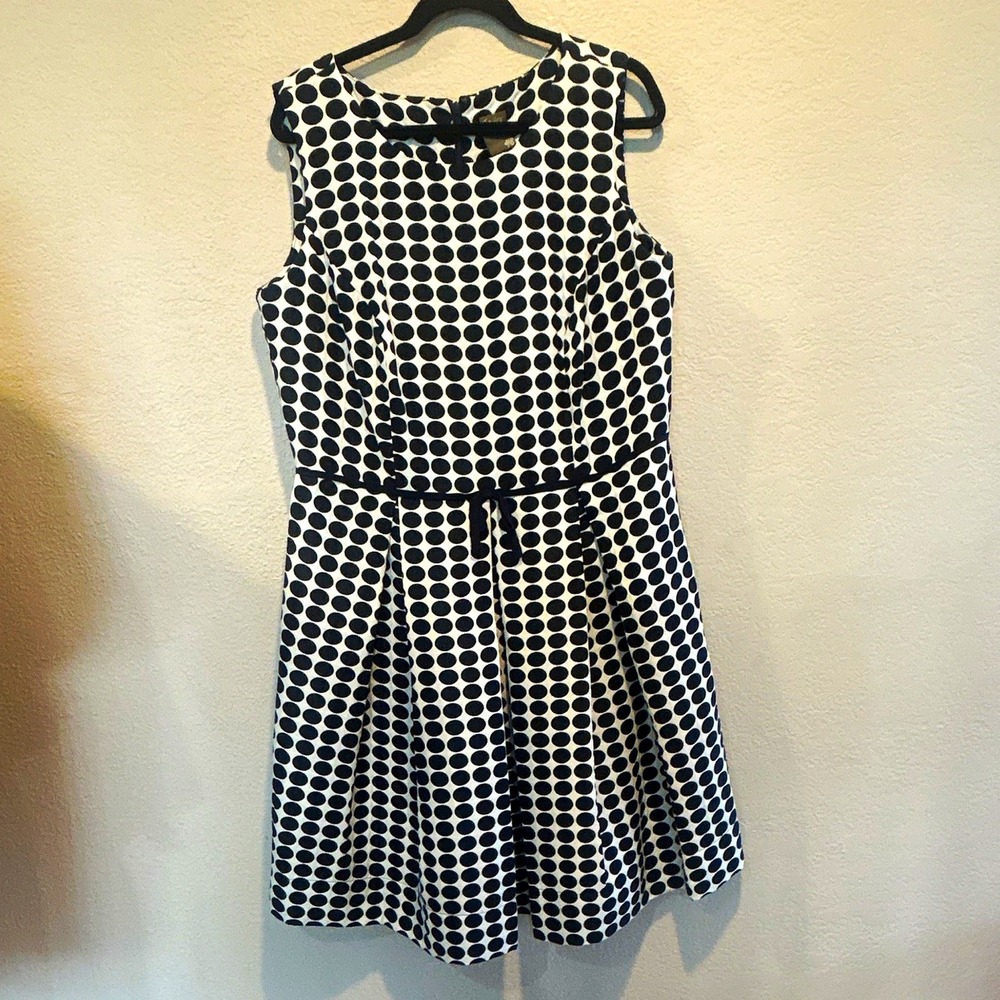 Taylor Women's Black/White Polka Dot Belted Stretch Fit & Flare Dress 14W